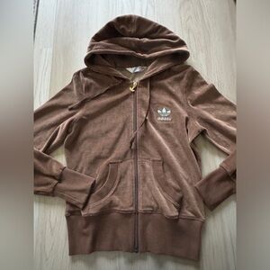VINTAGE 2007 ADIDAS velour zip up track jacket HOODIE HOODED BROWN CROWN LOGO S